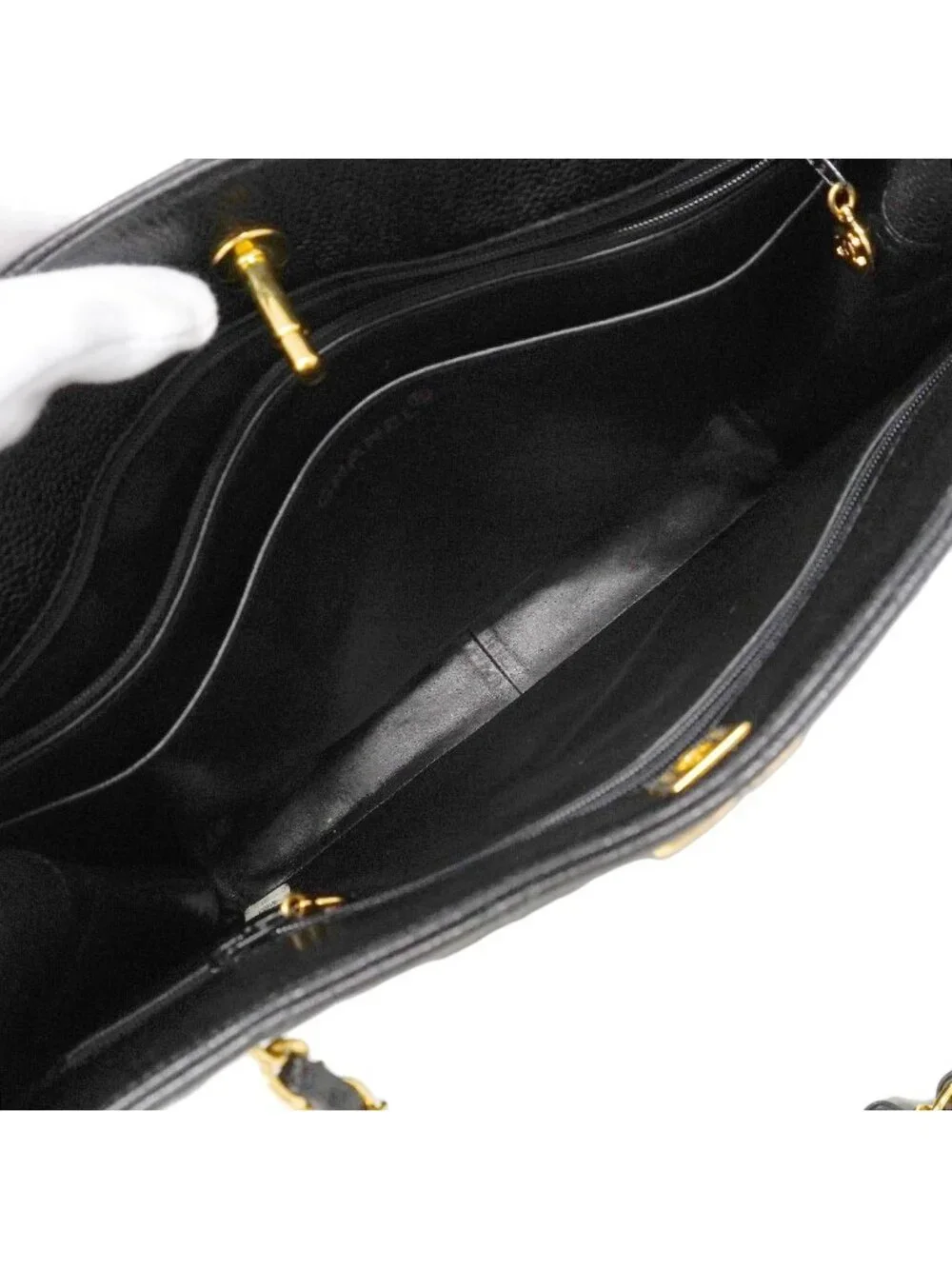 Chanel Chain Tote Bag Quilted Caviar Leather Black Gold